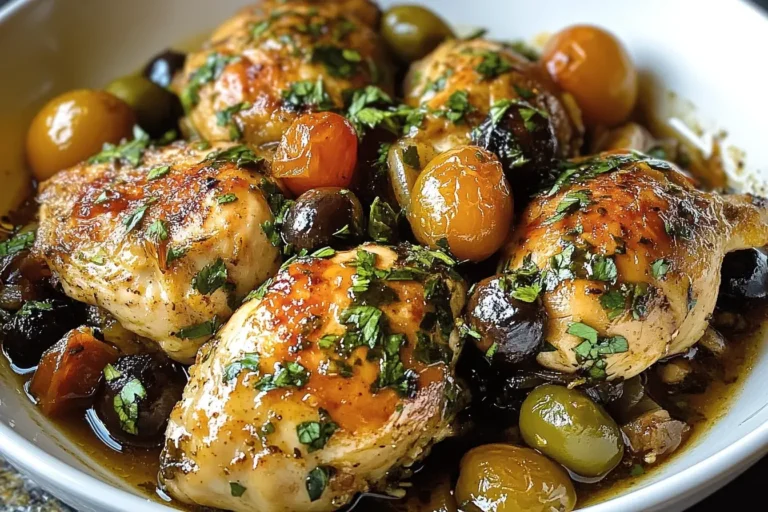 Golden roasted chicken thighs in Ina Garten’s Chicken Marbella, surrounded by olives, cherry tomatoes, and fresh herbs in a white dish.