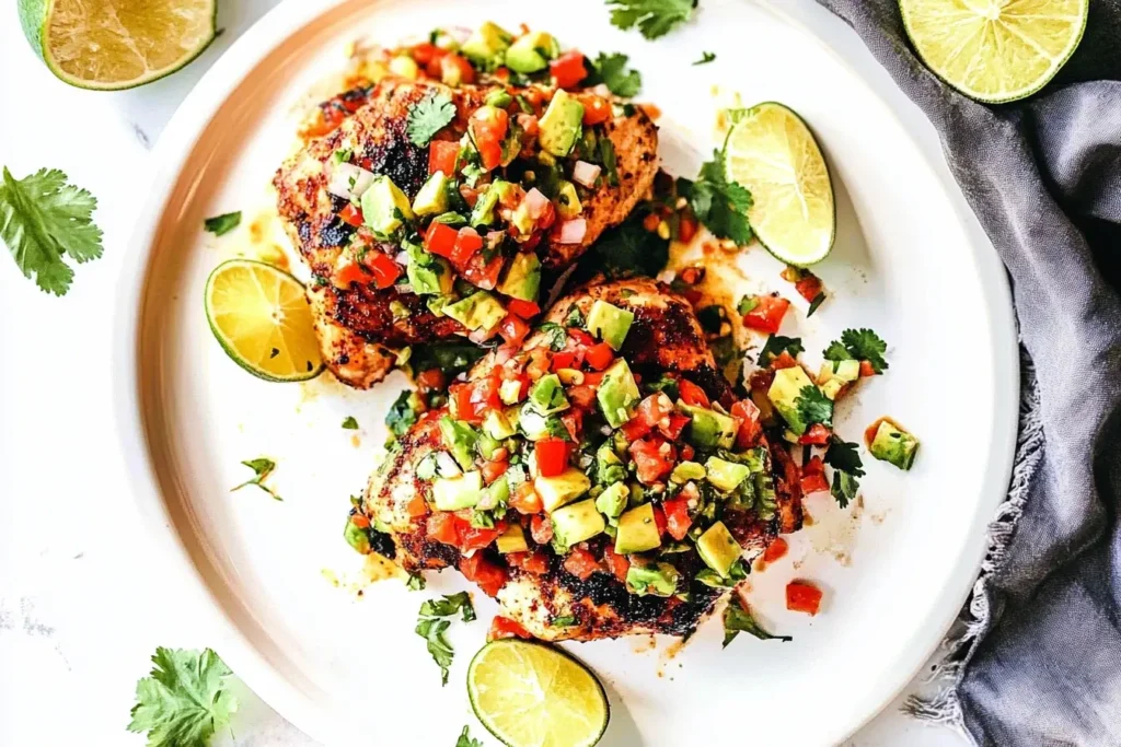 Plated Fiesta Lime Chicken with Avocado Salsa topped with fresh lime wedges and cilantro.