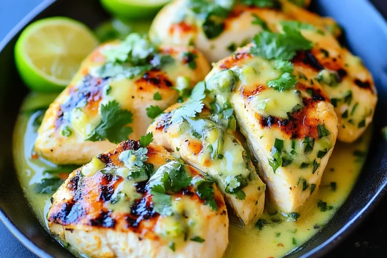 Grilled Salsa Verde Pepper Jack Chicken topped with fresh cilantro and salsa verde in a black serving dish