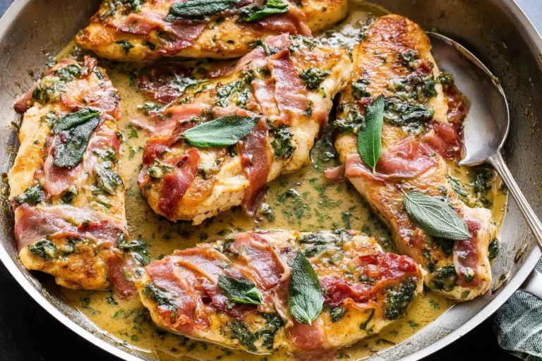 Chicken Saltimbocca in skillet with prosciutto, sage, and white wine sauce