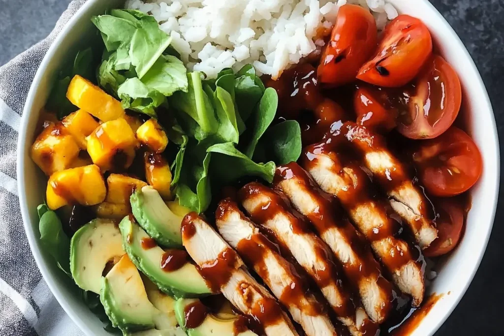 High Protein BBQ Chicken Ranch Bowl with sliced grilled chicken, avocado, mango, greens, tomatoes, and rice drizzled in BBQ sauce.
