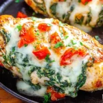 Spinach Stuffed Chicken Breast topped with melted mozzarella, spinach, and tomatoes in a cast iron skillet.