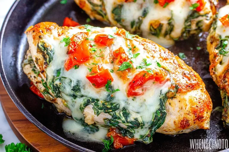 Spinach Stuffed Chicken Breast topped with melted mozzarella, spinach, and tomatoes in a cast iron skillet.