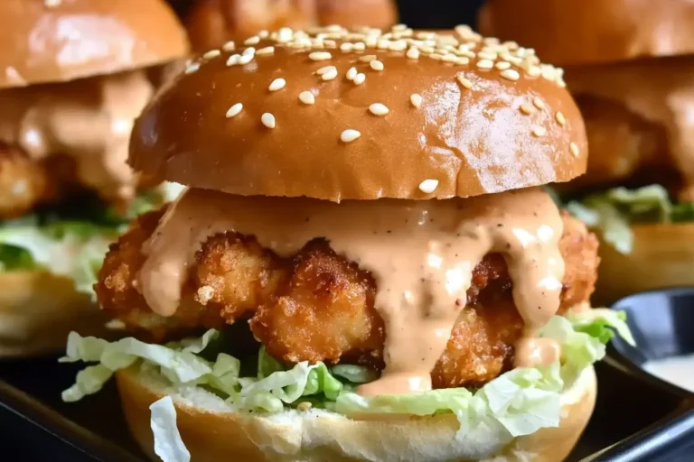 Close-up of Bang Bang Chicken Sliders topped with sesame buns, crispy chicken, shredded lettuce, and creamy bang bang sauce.