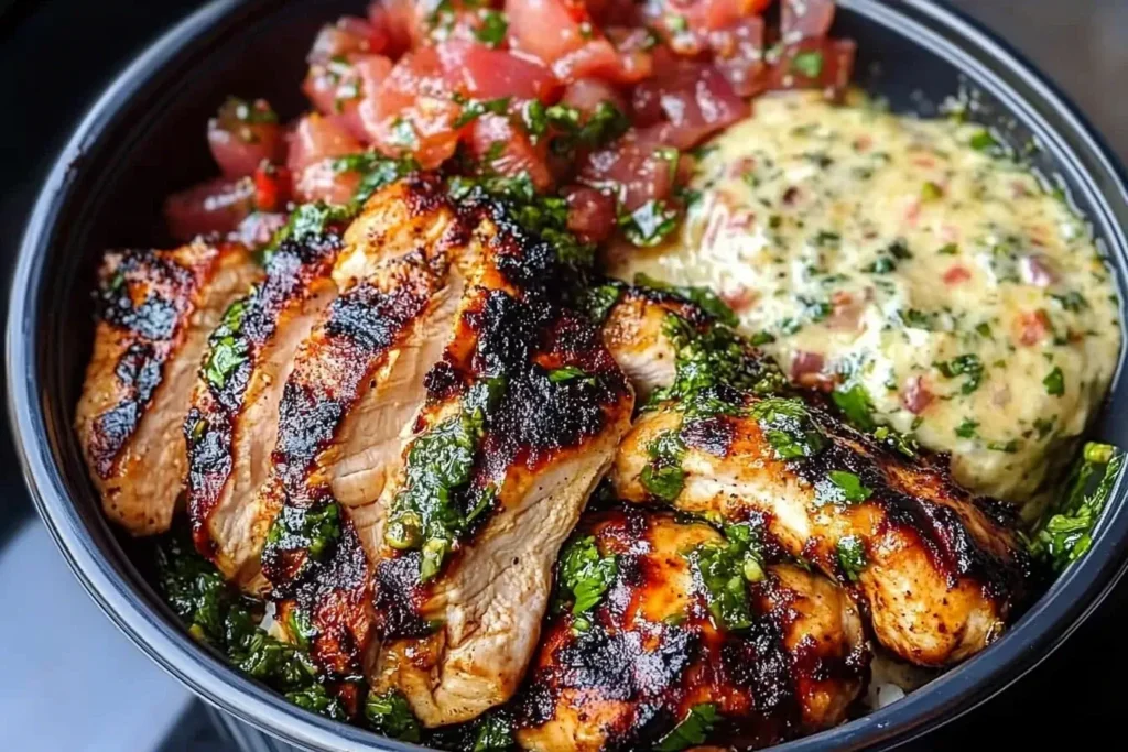 Grilled chicken slices topped with chimichurri sauce, served in a bowl with creamy garlic sauce and tomato salsa – Chimichurri Grilled Chicken Bowl with Garlic Sauce.