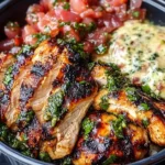 Grilled chicken slices topped with chimichurri sauce, served in a bowl with creamy garlic sauce and tomato salsa – Chimichurri Grilled Chicken Bowl with Garlic Sauce.