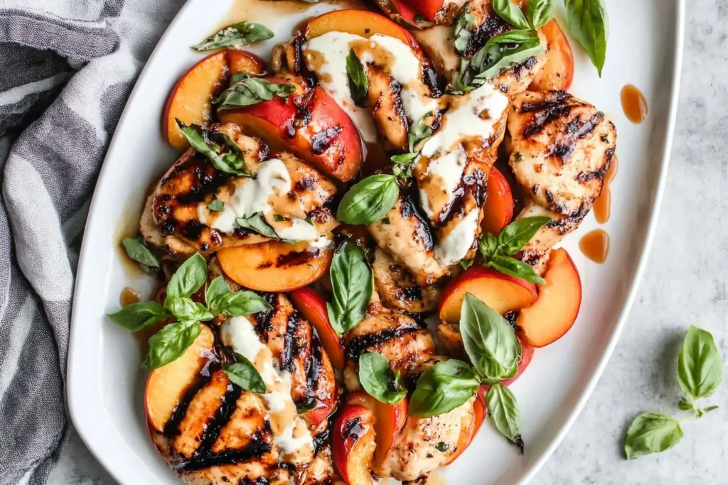 Platter of Peach Caprese Grilled Chicken with grilled marks, fresh basil, sliced peaches, and balsamic drizzle.