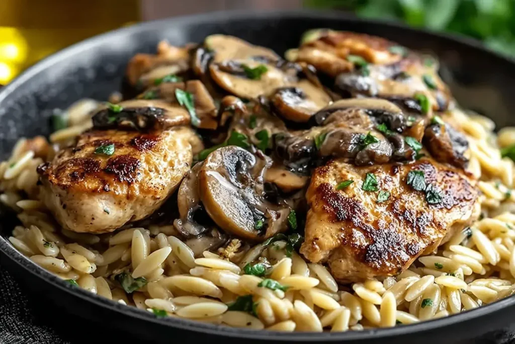 Marsala Chicken Orzo served with creamy mushroom sauce over tender orzo pasta in a black skillet.