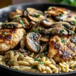 Marsala Chicken Orzo served with creamy mushroom sauce over tender orzo pasta in a black skillet.