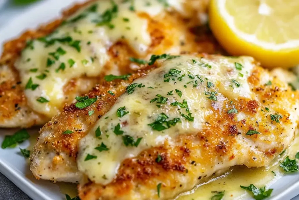 Close-up of Crusted Chicken Romano topped with melted mozzarella and fresh parsley, served with lemon slices.