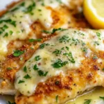 Close-up of Crusted Chicken Romano topped with melted mozzarella and fresh parsley, served with lemon slices.