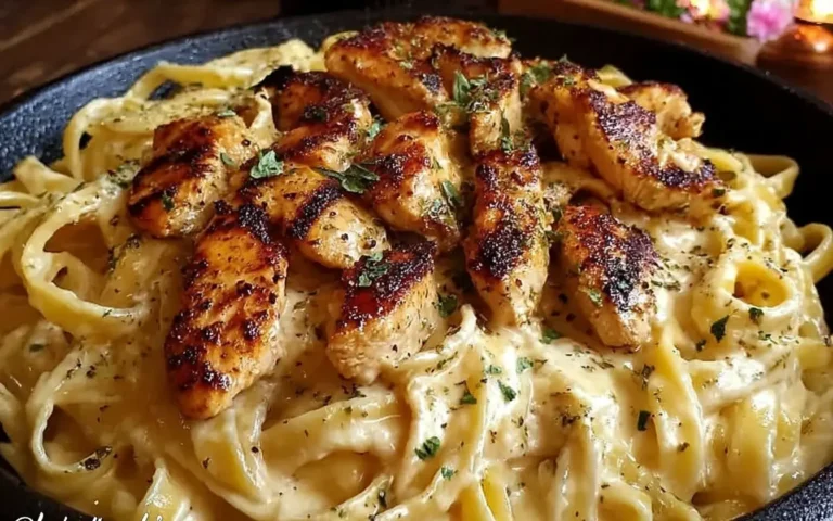 Cajun Chicken Fettuccine Alfredo served in a skillet with creamy Alfredo sauce and seared Cajun-seasoned chicken on top.