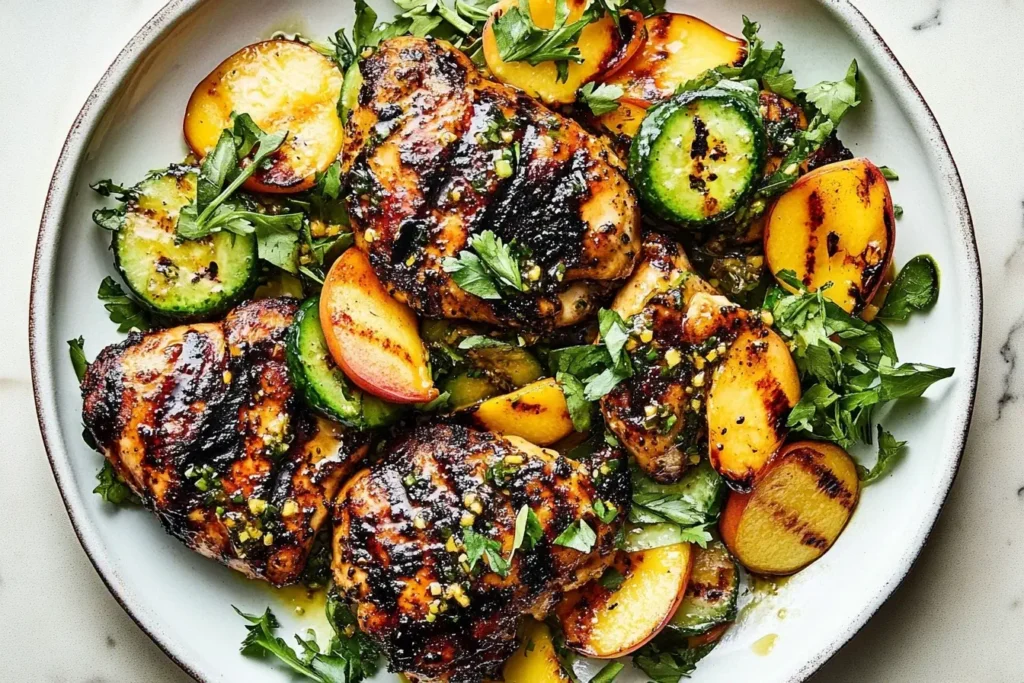 Grilled Honey Mustard Chicken with Peach Salad served on a white plate, garnished with fresh herbs, cucumbers, and charred peaches.