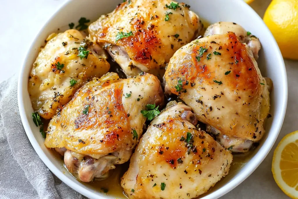 Golden brown Garlic Lemon Chicken Thighs garnished with parsley in a white bowl.