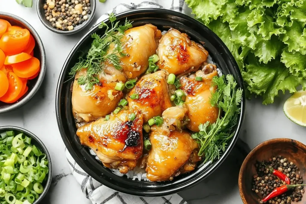 Vietnamese Lemongrass Chicken served over rice, topped with herbs and scallions in a black bowl.