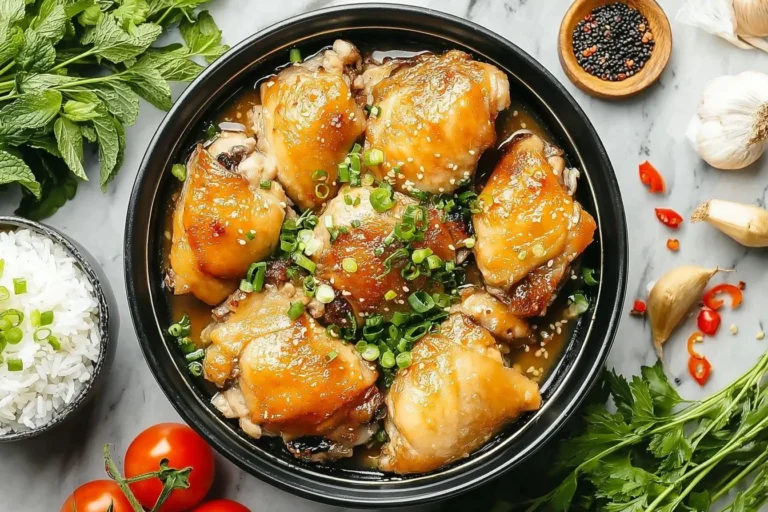 Vietnamese Lemongrass Chicken served in a black bowl, garnished with green onions and sesame seeds.