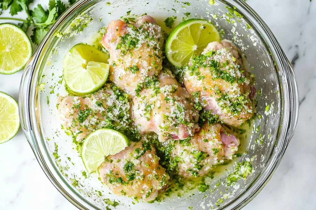 Raw cilantro lime chicken thighs marinating in a glass bowl with lime slices and fresh herbs.