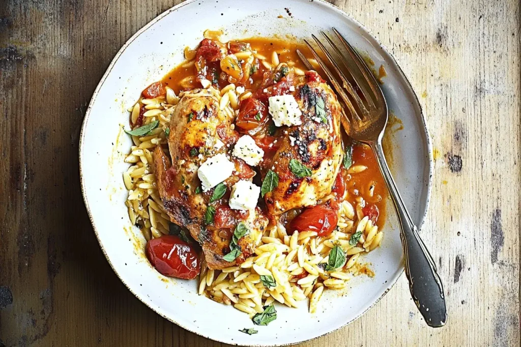 Creamy Tomato Chicken with Feta served over orzo pasta on a rustic plate