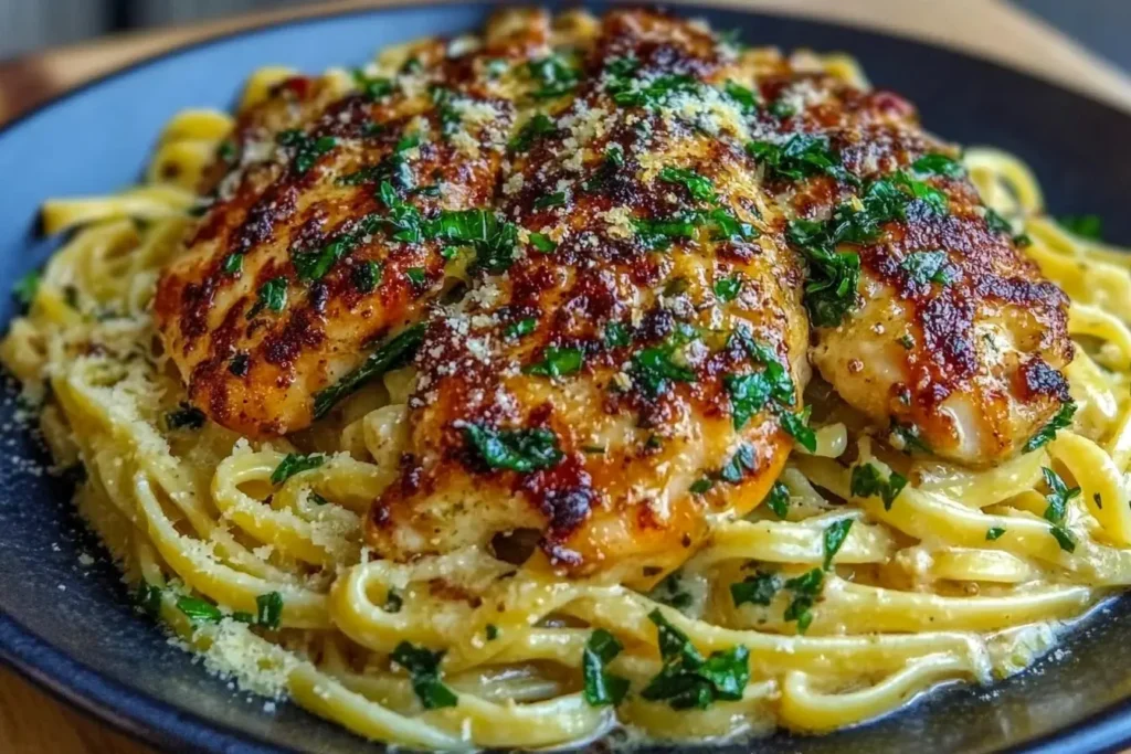 Lemon Garlic Butter Chicken with Creamy Parmesan Linguine served on a black plate, topped with fresh parsley and grated Parmesan cheese.