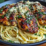 Close-up of Lemon Garlic Butter Chicken with Creamy Parmesan Linguine topped with fresh herbs and grated cheese on a black plate.
