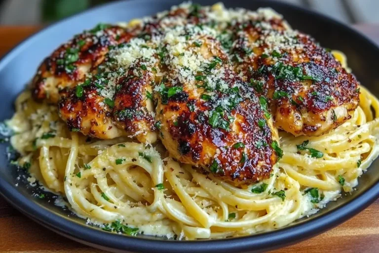 Close-up of Lemon Garlic Butter Chicken with Creamy Parmesan Linguine topped with fresh herbs and grated cheese on a black plate.