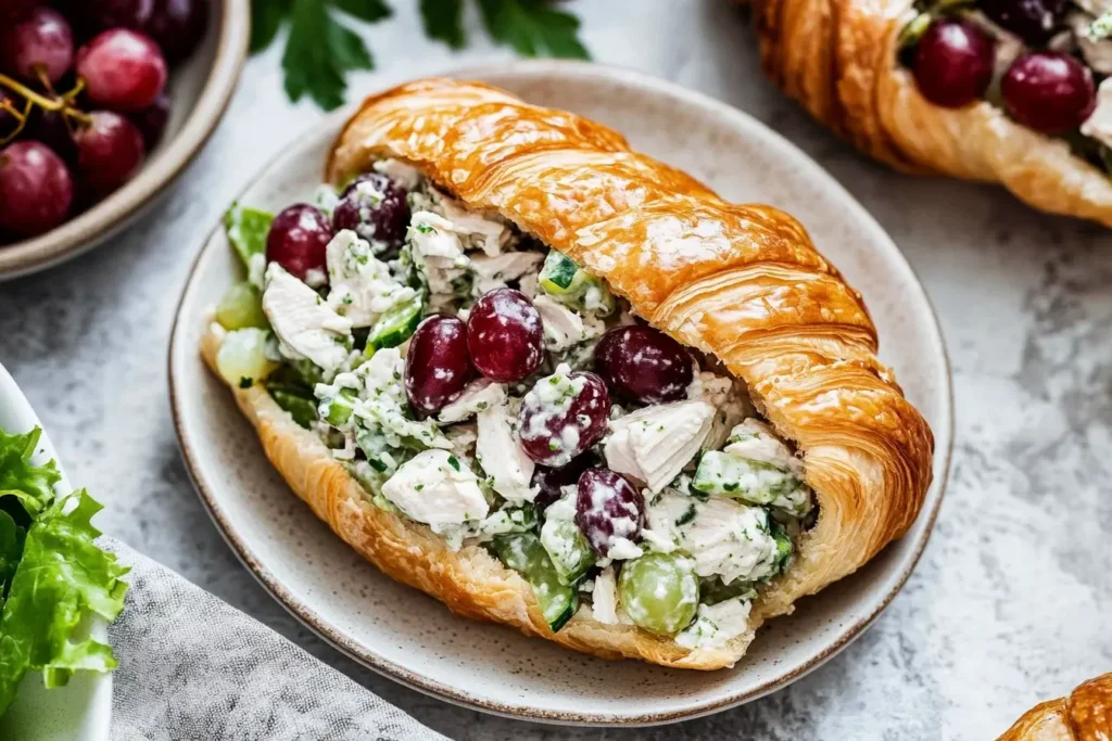 Chicken Salad with Grapes served in a buttery croissant on a plate