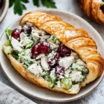 Chicken Salad with Grapes served in a buttery croissant on a plate