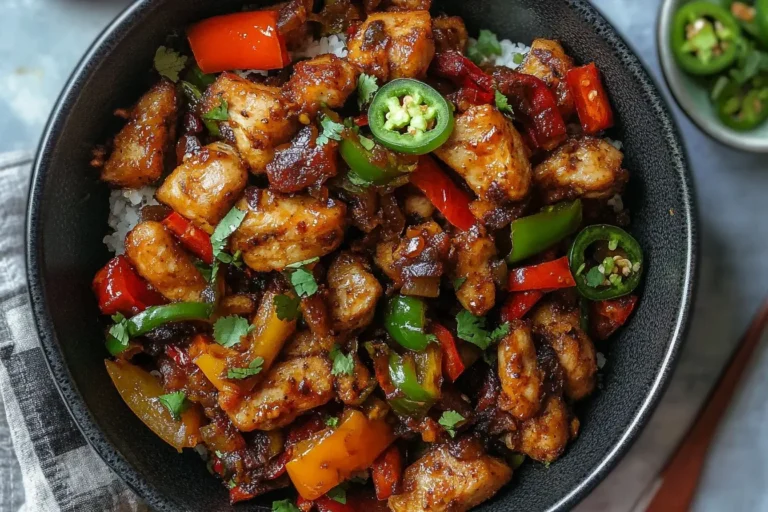 Jalapeno Chicken with Bell Peppers served over rice, featuring spicy glazed chicken, colorful bell peppers, and fresh jalapeño slices.