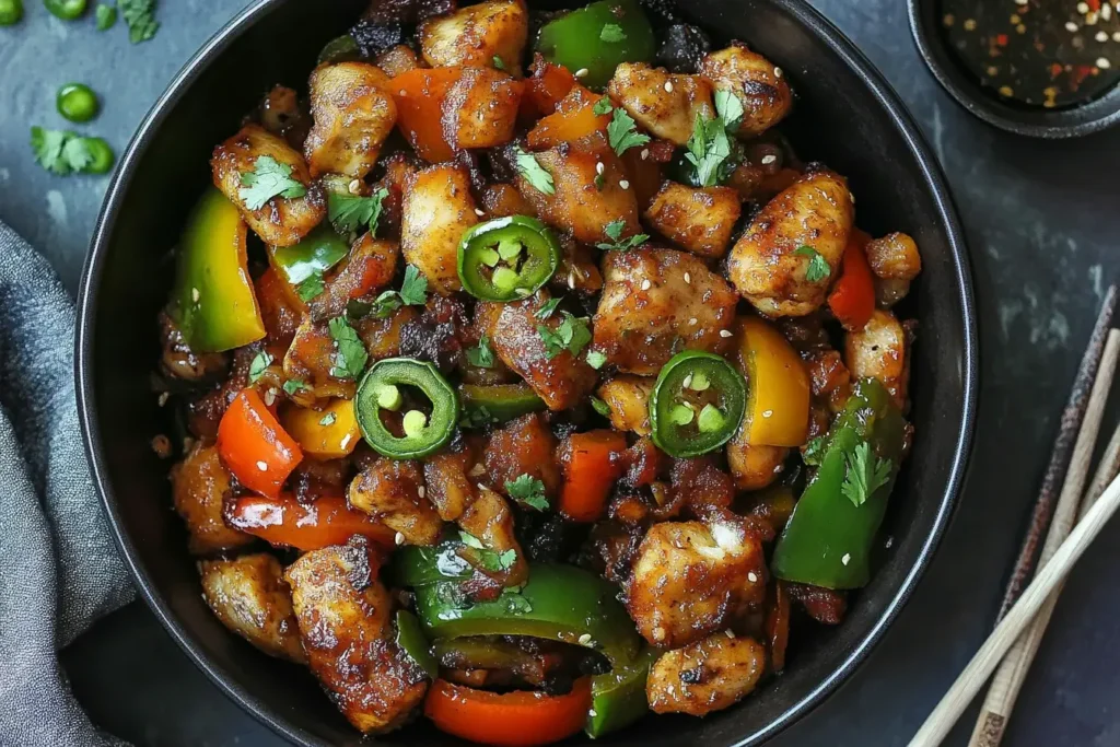 Spicy Jalapeno Chicken with Bell Peppers stir-fried with colorful vegetables and garnished with fresh cilantro and sliced jalapeños.