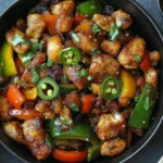 Spicy Jalapeno Chicken with Bell Peppers stir-fried with colorful vegetables and garnished with fresh cilantro and sliced jalapeños.