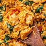 Close-up of creamy Cajun Chicken Orzo with spinach and sun-dried tomatoes