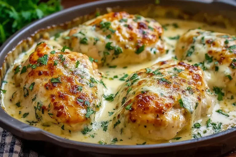 Close-up of baked sour cream chicken breasts topped with golden melted cheese and fresh parsley in a creamy sauce.