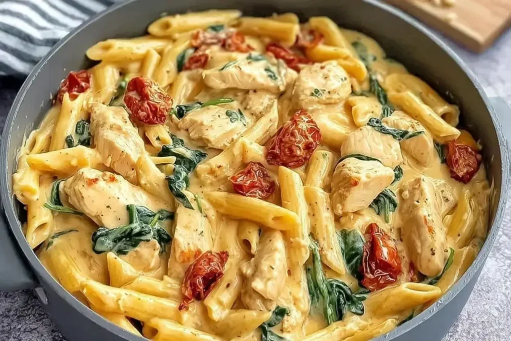 Creamy Tuscan Chicken Pasta with juicy chicken, penne, spinach, and sun-dried tomatoes in a creamy sauce
