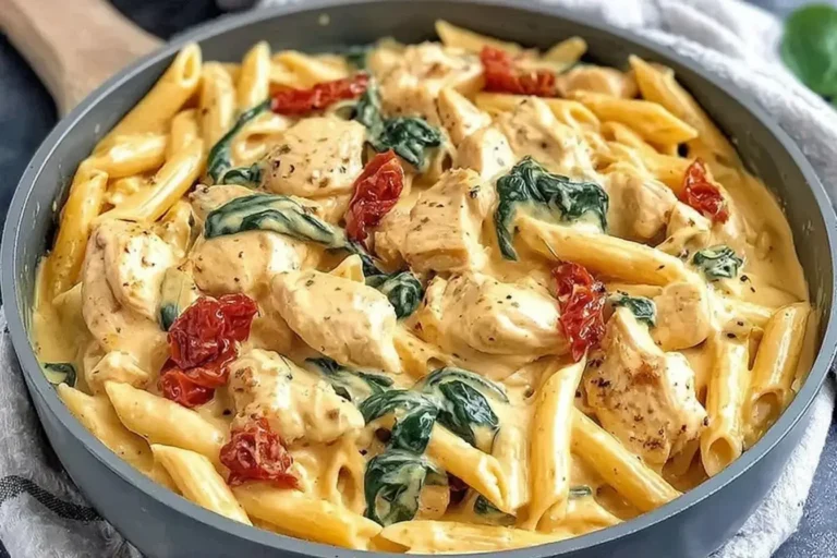 Creamy Tuscan Chicken Pasta with spinach, sun-dried tomatoes, and penne in a rich Parmesan sauce