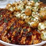 Honey BBQ Chicken With Garlic Parmesan Potatoes served on a white plate, topped with fresh parsley and glistening with BBQ glaze.