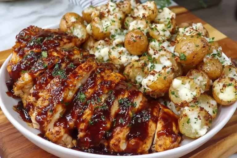 Honey BBQ Chicken With Garlic Parmesan Potatoes served on a white plate, topped with fresh parsley and glistening with BBQ glaze.