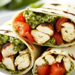 Bruschetta Chicken Pesto Wraps Recipe with grilled chicken, diced tomatoes, and creamy basil pesto in a warm tortilla.