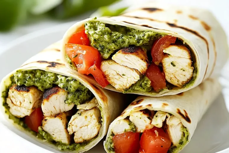 Bruschetta Chicken Pesto Wraps Recipe with grilled chicken, diced tomatoes, and creamy basil pesto in a warm tortilla.