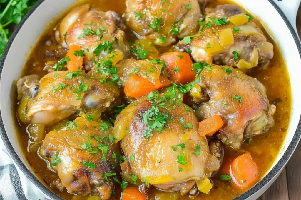 Chicken Thigh Osso Bucco simmered with carrots, celery, and herbs in a rich, savory broth.
