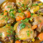 Chicken Thigh Osso Bucco simmered with carrots, celery, and herbs in a rich, savory broth.