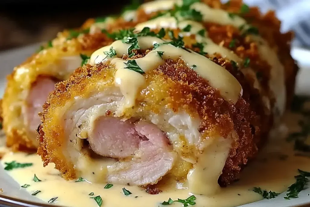 Crispy creamy chicken cordon bleu sliced open, revealing melty cheese and ham inside with Dijon sauce drizzle