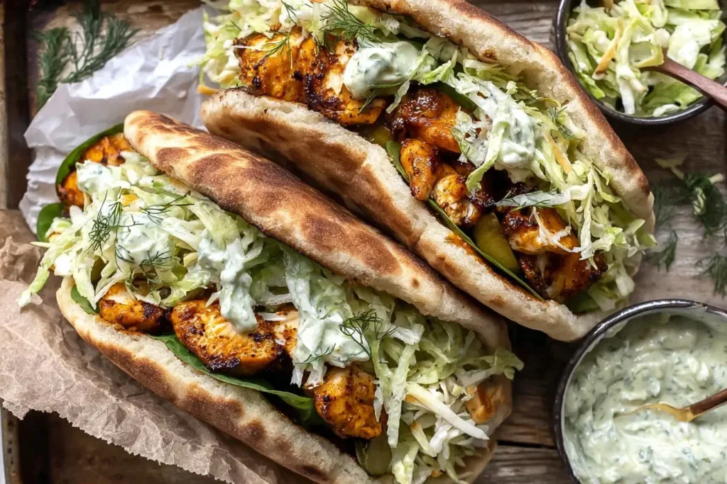 Grilled Sheet Pan Chicken Pitas with Herby Ranch, topped with fresh slaw and creamy dressing