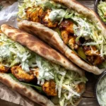 Grilled Sheet Pan Chicken Pitas with Herby Ranch, topped with fresh slaw and creamy dressing