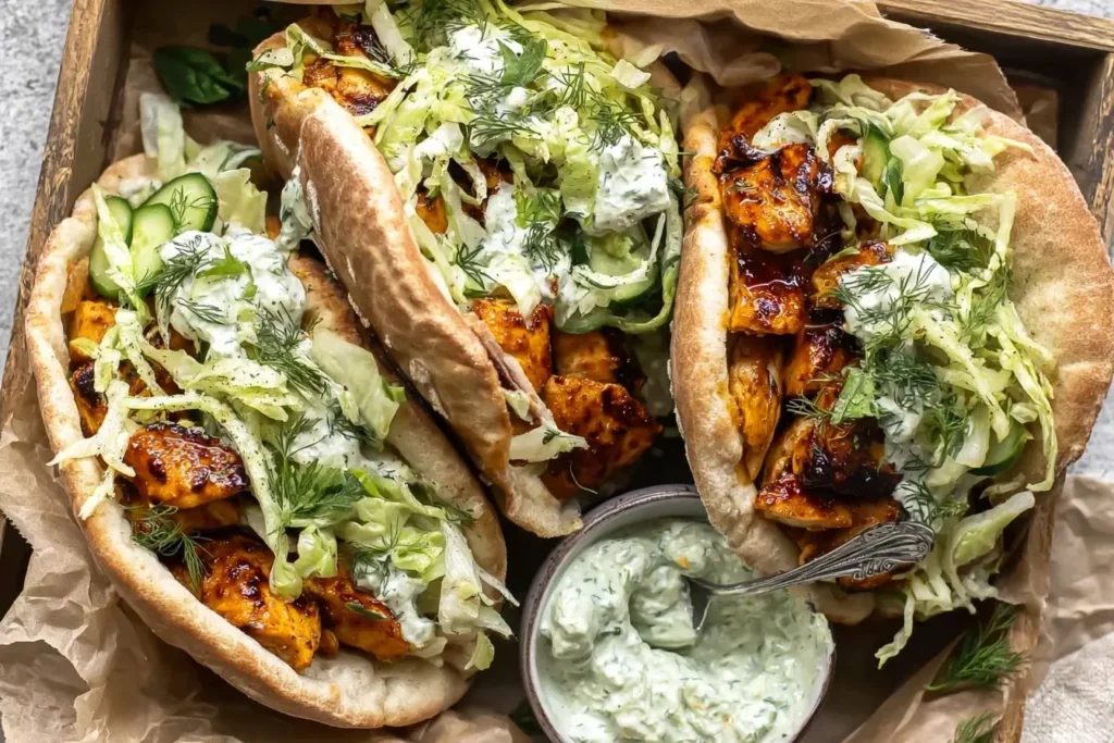 Close-up of Sheet Pan Chicken Pitas with Herby Ranch, filled with grilled chicken, fresh slaw, and creamy herb dressing