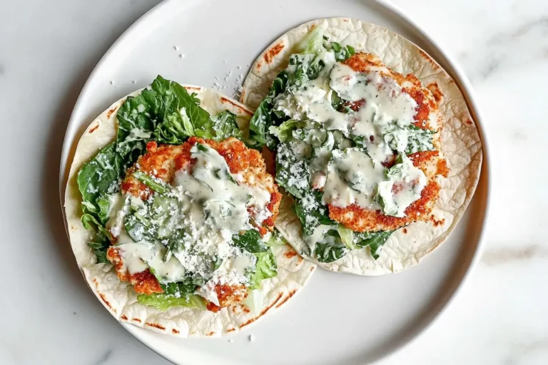 Smash Chicken Caesar Tacos topped with romaine lettuce and Caesar dressing on toasted flour tortillas