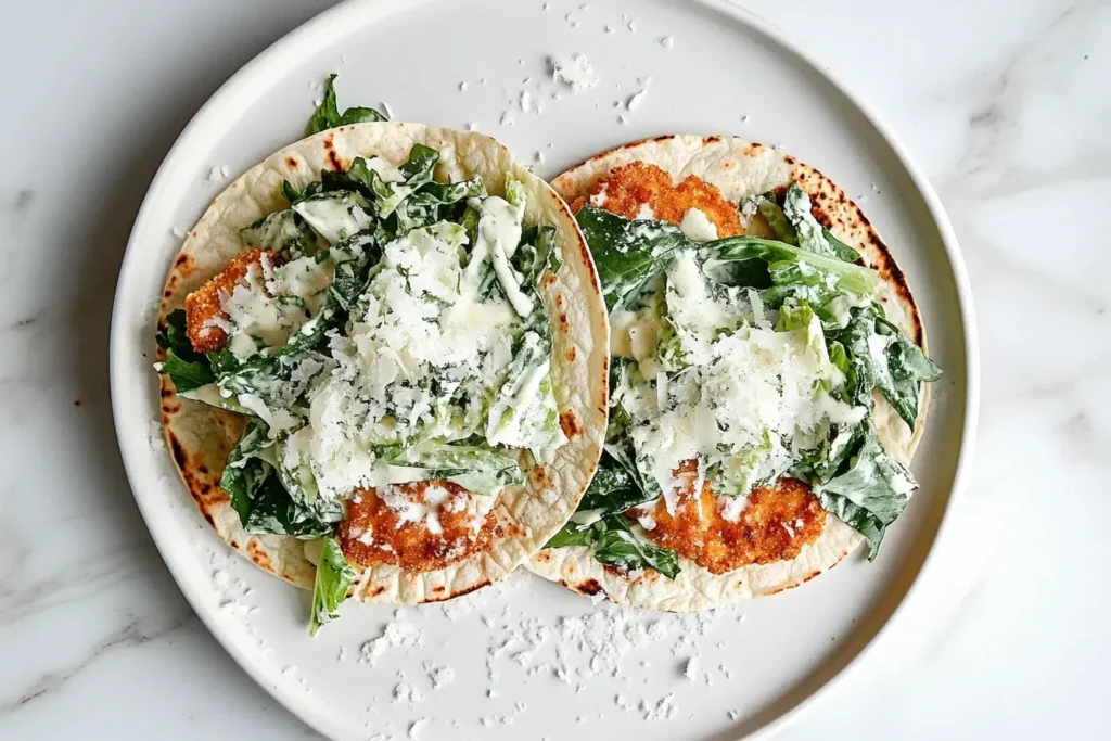 Smash Chicken Caesar Tacos topped with romaine, Caesar dressing, and shaved parmesan on a white plate