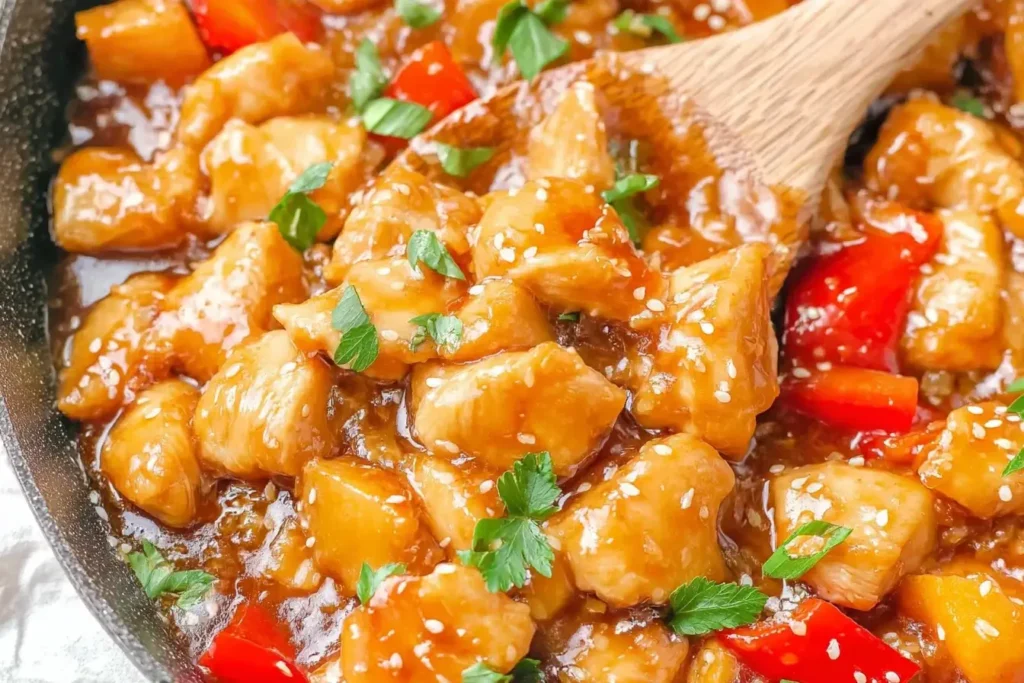 Close-up of Hawaiian Chicken with tender chicken pieces, pineapple, red peppers, and sesame seeds in a glossy sauce being stirred with a wooden spoon.