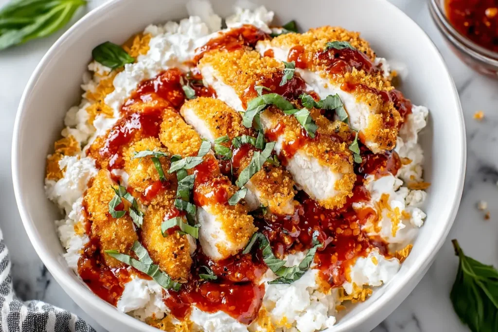 Crispy Chicken Parm Cottage Cheese Bowl with Marinara