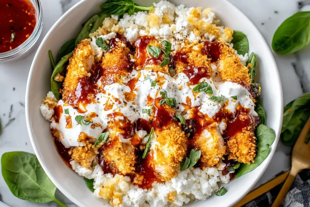 Chicken Parm Cottage Cheese Bowl with crispy chicken, marinara, cottage cheese, and fresh spinach