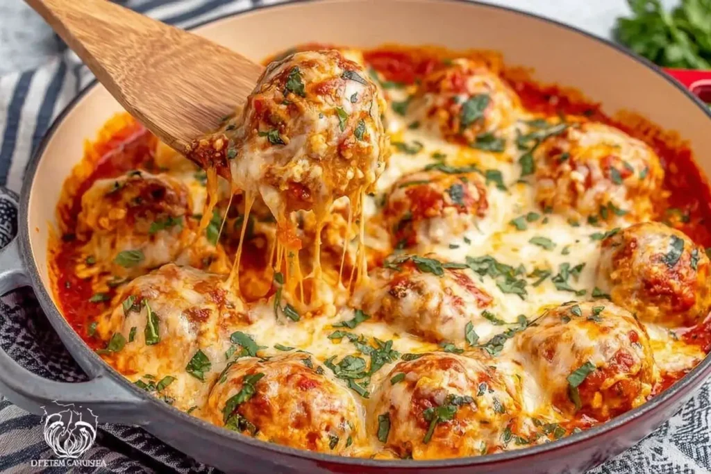 Cheesy Chicken Parmesan Meatballs in a skillet being lifted with a wooden spoon.